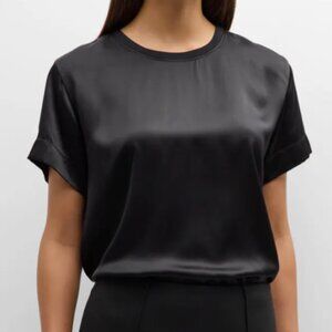 NWT ANNE KLEIN SHORT SLEEVE BLACK SATIN BLOUSE TEE TOP, SIZE M